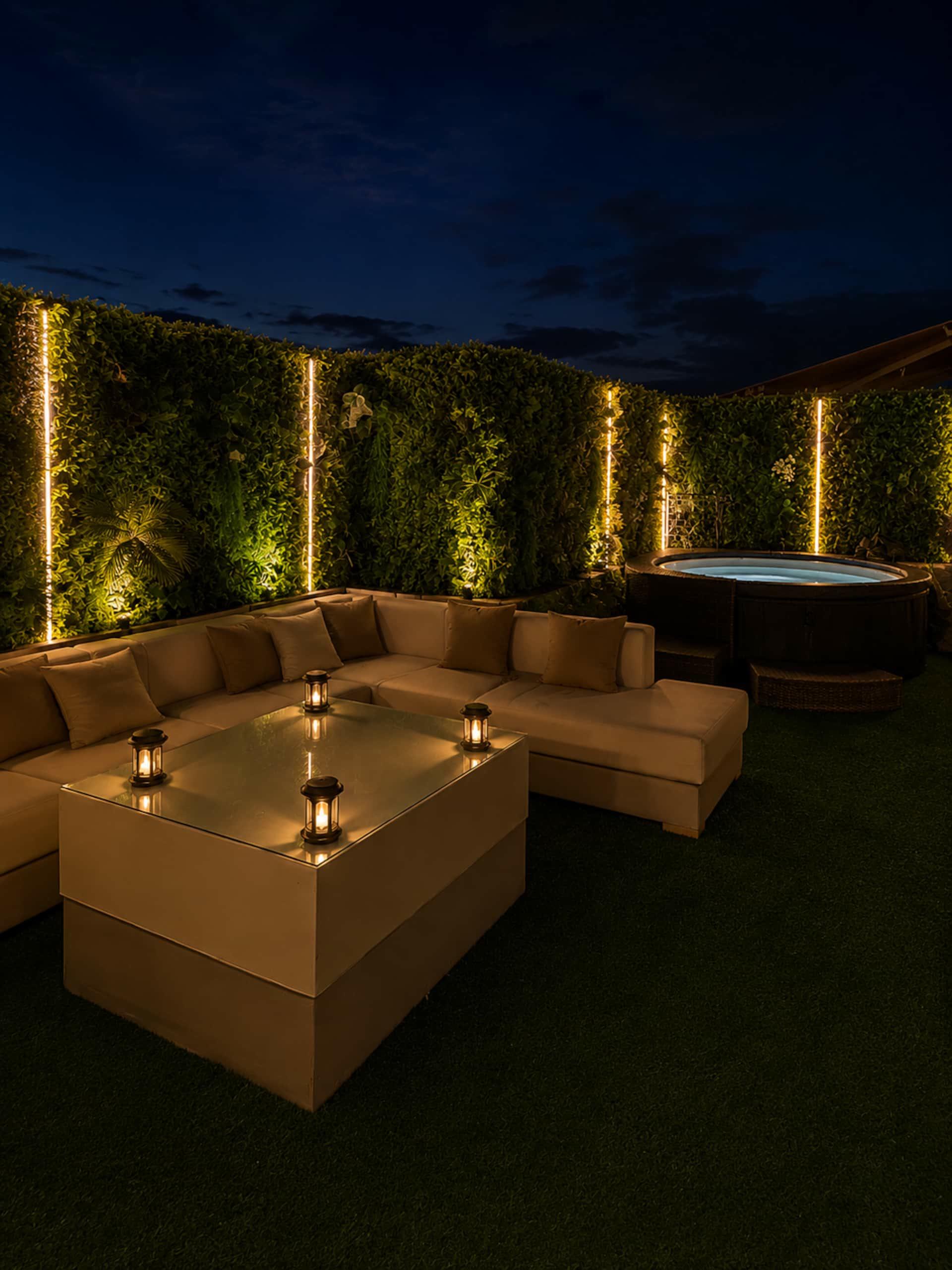 Studio Jade's terrace at night: lantern-lit outdoor lounge and jacuzzi