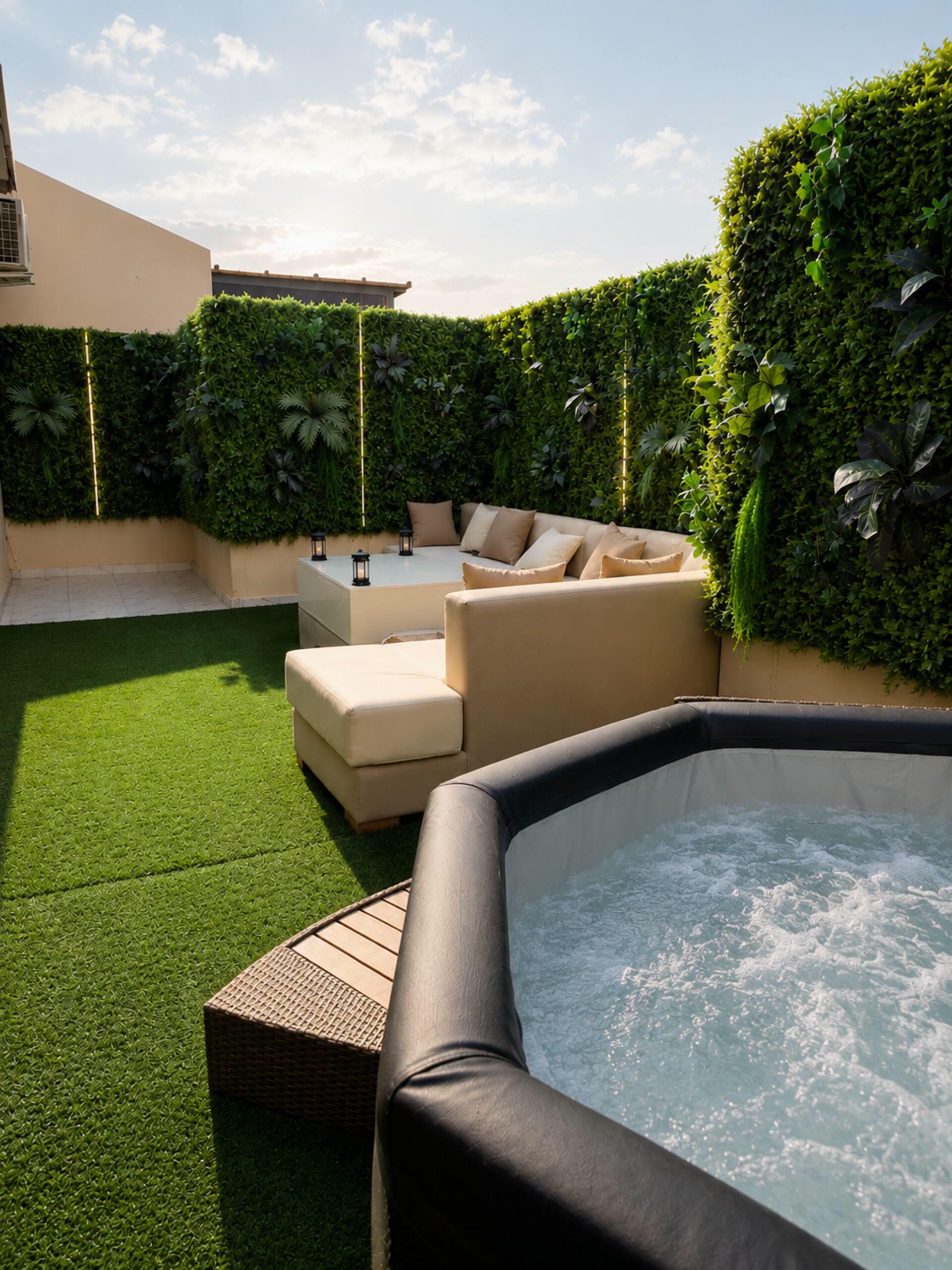 Bubbling jacuzzi on the lawn, in front of the green wall