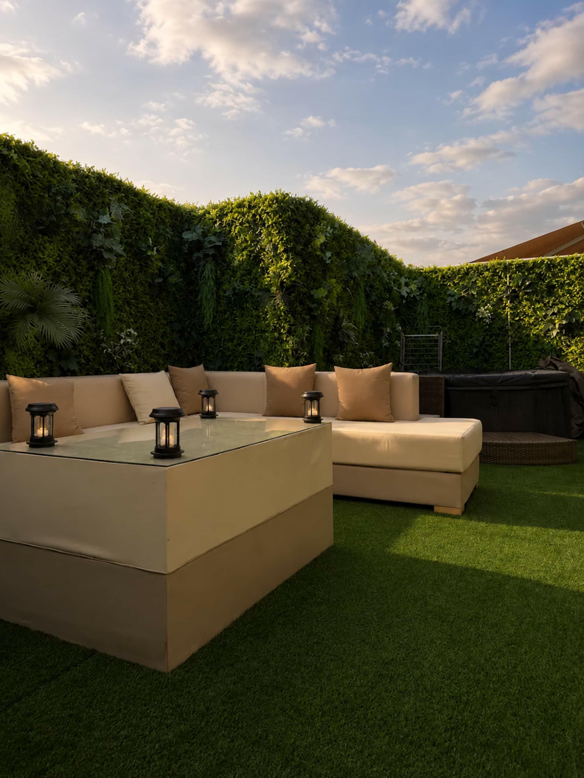 Outdoor lounge at sunset