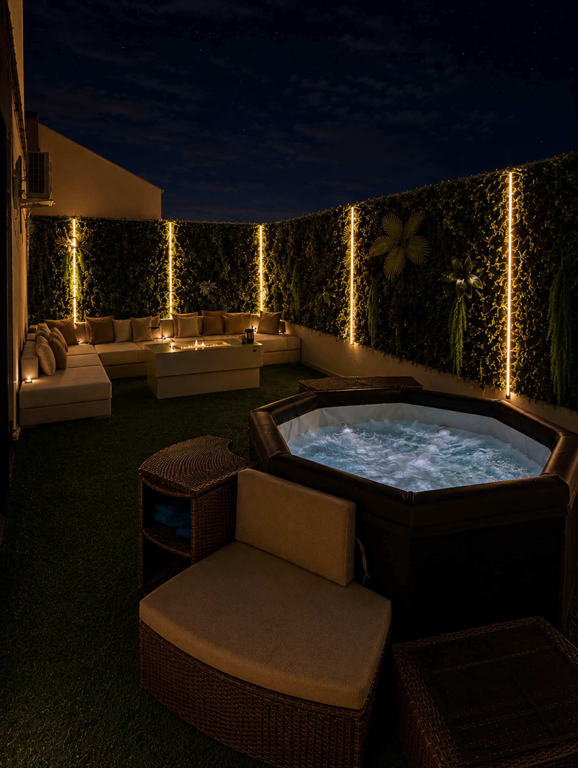 Secret Studio's terrace at night: lit-up jacuzzi and lounge