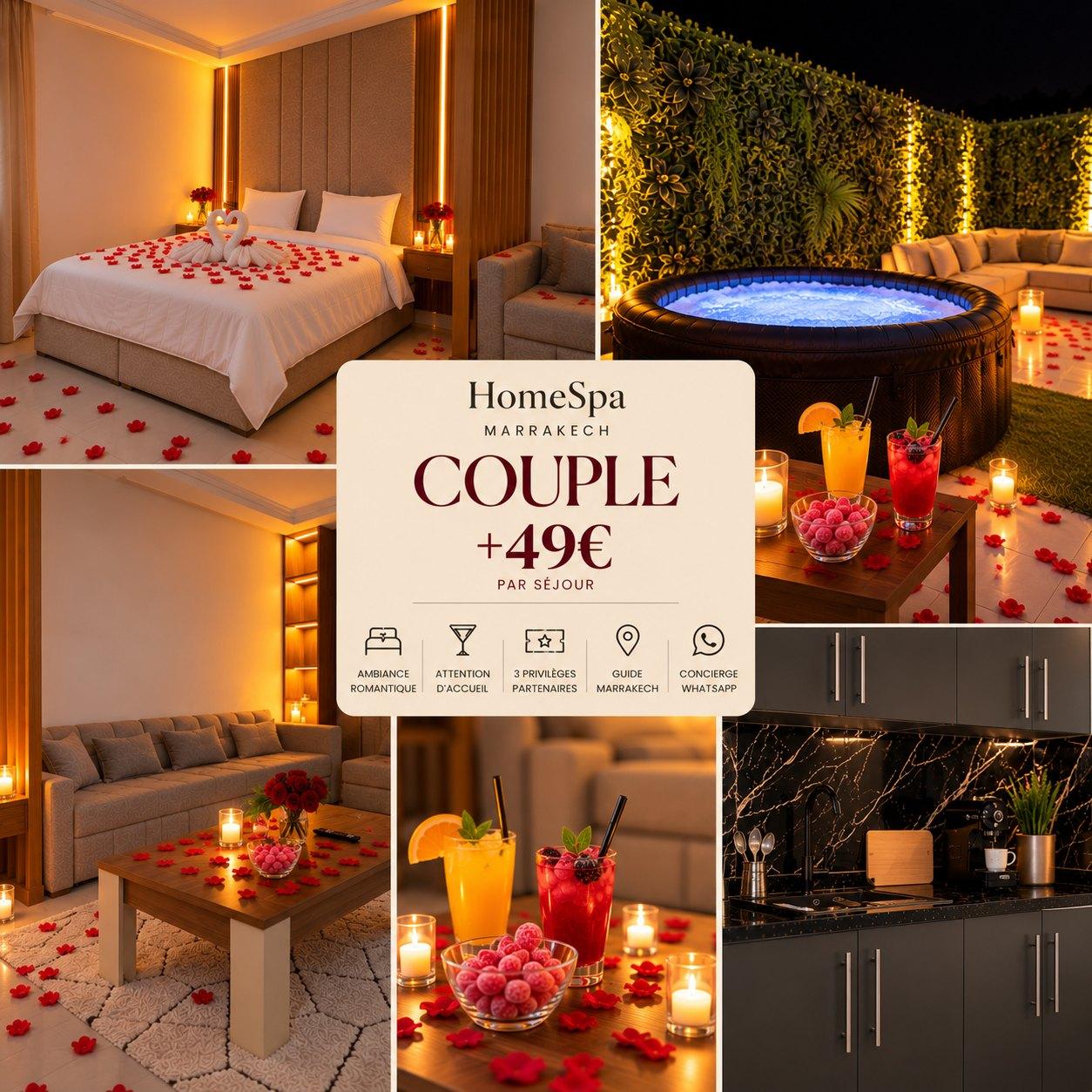 Offre HomeSpa Couple +49 € par séjour : chambre et salon décorés de pétales de rose et de bougies, jacuzzi illuminé, cocktails et bonbons d'accueil, cuisine équipée. Ambiance romantique, attention d'accueil, 3 privilèges partenaires, guide Marrakech, concierge WhatsApp.