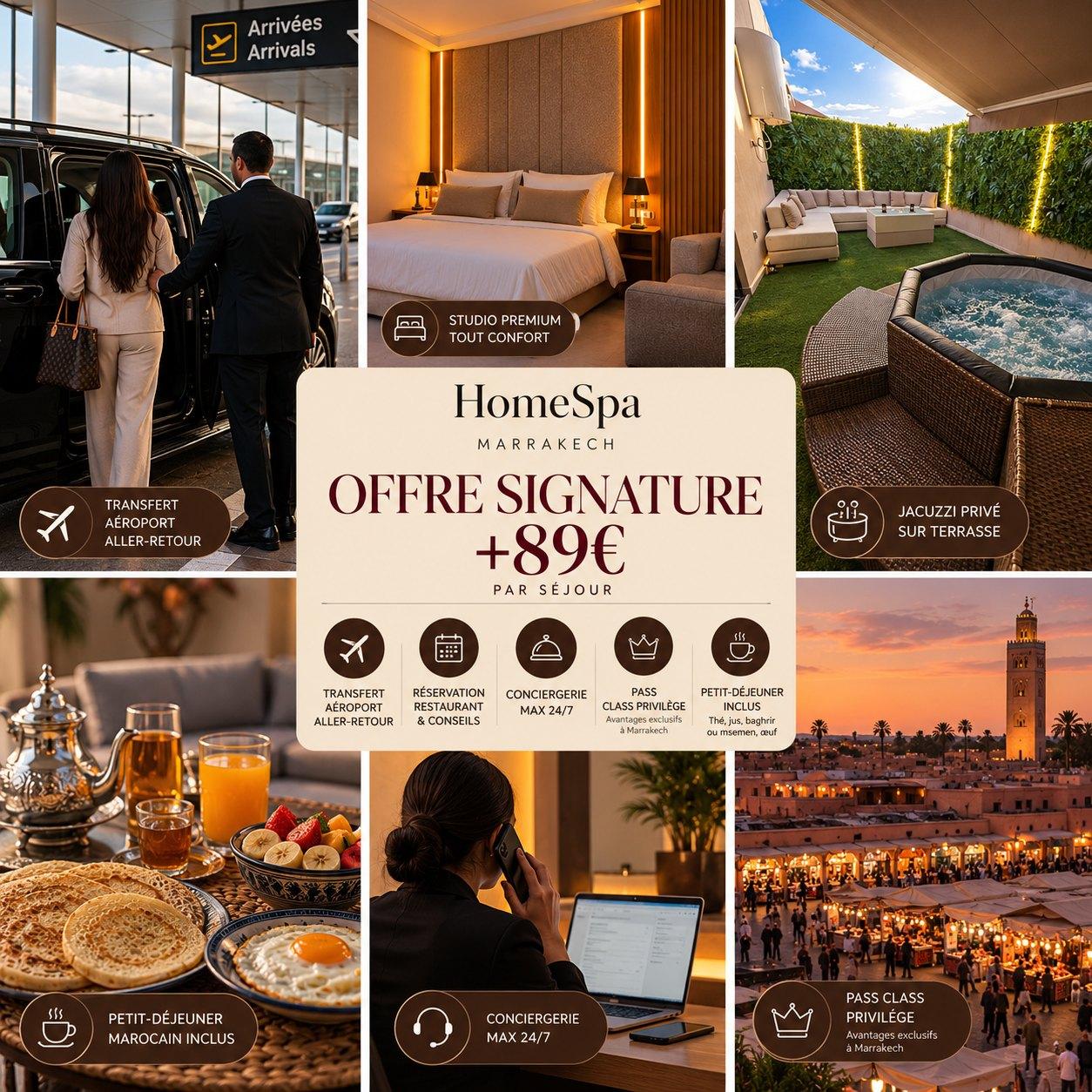 Offre HomeSpa Signature +89 € par séjour : transfert aéroport aller-retour, studio Premium tout confort, jacuzzi privé sur terrasse, petit-déjeuner marocain inclus, conciergerie 24h/24 et Pass Class Privilège avec avantages exclusifs à Marrakech.
